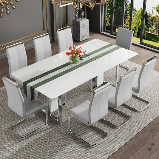 79'' Dining Table Set for 8, Luxury Dining Table Set with Faux Marble Table Top＆ 8 Pu Leather Cushioned Chairs ,Table Set