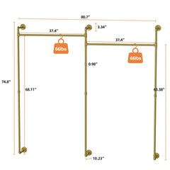 Industrial Pipe Clothing Rack Wall Mounted,Clothes Racks with Hanging Rods for Closet Storage(Gold)