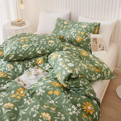 Duvet Cover Queen 100% Cotton, Green Garden Flower Pattern Bedding Duvet Cover Set Full Queen with Pillowcases Durable Zipper