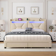 Full Bed Frame with Storage Headboard, Upholstered LED Bed Frame with 2 Storage Drawers Charging Station,Wood Slats Support