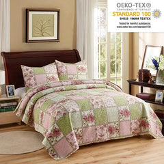 3-Piece Quilt Set with 2 Pillow Shams- Boho Reversible Soft and Lightweight Quilt Bedding Bedspread Coverlet Set