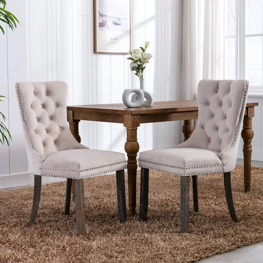 Tufted Dining Chairs Set of 6, Velvet Upholstered Dining Chairs with Nailhead Back and Ring Pull Trim, Solid Wood Dining Chairs