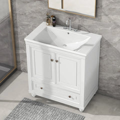 30" Bathroom Vanity with Sink, Combo, Cabinet with Doors and Drawer, Solid Frame and MDF Board, White (Old Sku:JL000006AAK)