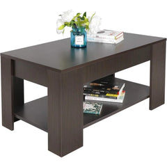 Modern Lift Top Coffee Table w/Hidden Compartment and Storage Shelves Pop-Up Storage Cocktail Table for Living Room