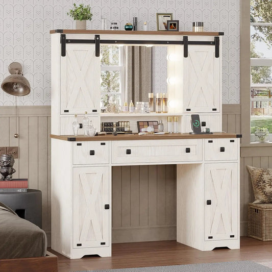 Farmhouse Makeup Vanity Desk with Lighted Mirror & Power Strips, Vanity Table with Sliding Barn Door Hidden Shelves & 5 Drawers