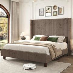 King Size 61" Corduroy Upholstered Bed Frame, Platform Beds with Vertical Stripe Wingback Headboard Bed