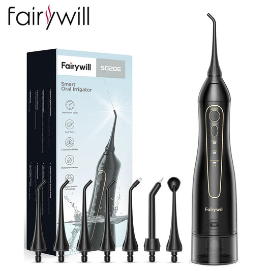 Fairywill Water Flossers for Teeth 300ML Oral Irrigator Rechargeable Portable Dental 3 Modes Water Tank Waterproof Teeth Cleaner