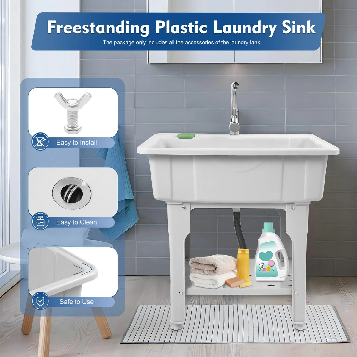 Home Laundry & Utility Sinks, Plastic Freestanding Washing Room Laundry Tub Sink with Washboard Faucet Drain Kit