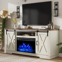 Fireplace TV Stand with Sliding Barn Door for TVs up to 73", Farmhouse 63" Fireplace Entertainment Center with Storage Cabinets