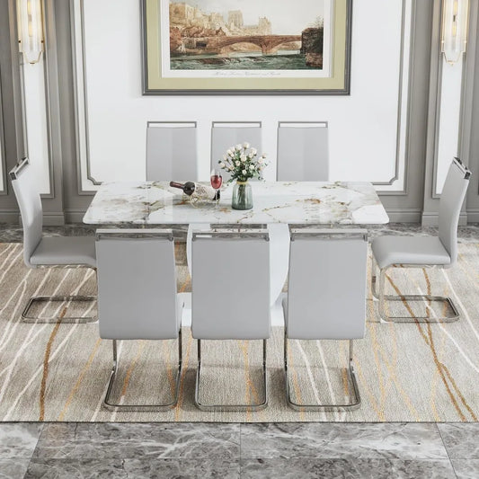 71" Dinner Tables Sets, White Faux Marble Table, 8 Leather Upholstered Chairs, Ideal for Kitchen Dining Room. Dining Table Set