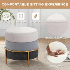 Round Vanity Stool, Linen Fabric Ottoman Footrest with Cushioned Seat,Upholstered Makeup Chair, Dressing Table Stool for Bedroom