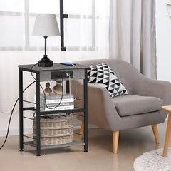 Bedside table with charging station, 3-story side table with USB port and socket, side table with living room with storage rack