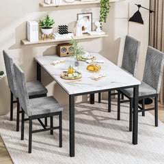 4-person Dining Table Set, 4-piece Kitchen Table and Chairs Set, Artificial Marble Dining Table Set with 4 Soft Velvet Chairs