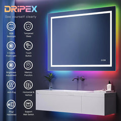 Inch RGB LED Bathroom Mirror with Lights Anti-Fog DimmableMemory Smart Lighted Makeup Mirror Wall-Mounted Bathroom