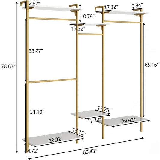 Wall Mount Clothes Rack with 4 Hanging Rods, Clothing Rack with 6-Tier Adjustable Shelves, Closet Storage Organizer System  Kit