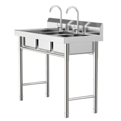 3 Compartment Freestanding Stainless Steel Utility Sink Commercial Kitchen Sink Laundry Basin with 2 Hot Cold Faucets + 3 Drains