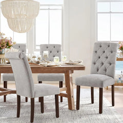 Button Tufted Dining Chairs Set of 4 Parsons Upholstered Fabric Dining Room Chairs Kitchen Chairs Wood Legs Padded Light Grey