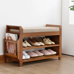 2-Tier Bamboo Shoe Bench w/ Seat Removable Cushion Entryway Shoe Organizer Shelf w/ Drawer