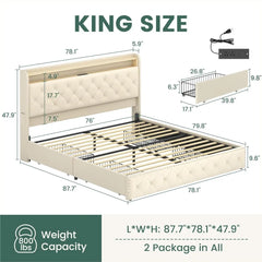 King Size Bed Frame with LED Lights & USB Charging Station, Upholstered Platform Bed with Storage Headboard and 4 Drawers,Beige