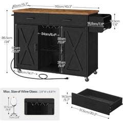 Kitchen Island with Storage, Rolling Kitchen Island Cart on Wheels, Kitchen Island Table with Charging Station, 2 Drawers