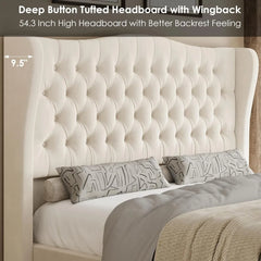 Queen Size 54.3” Tall Platform Bed Frame with Deep Button Tufted Wingback Headboard and Footboard, Velvet Upholstered Bed Frame