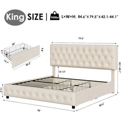 King Size Bed Frame with 4 Storage Drawers, Button Tufted Headboard Design, Soft Velvet, Modern Upholstered Bed Frame