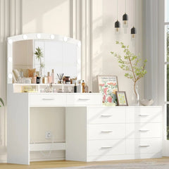 Irontar Vanity Desk with Large Mirror and 3-Color Lights, Makeup Vanity with 8 Drawers & Open Shelf, Side Cabinet