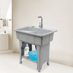 Laundry Sink Freestanding Plastic Laundry Sink with Washboard Utility Sink Laundry Tub with Faucet Hoses and Drain Kit