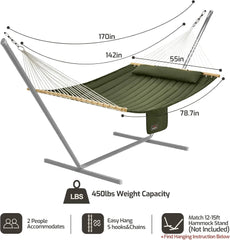 Double Quilted Fabric Hammock with Hardwood Spreader Bars and Pillow