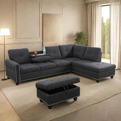 L Shaped Sofa with Ottoman Modern Sectional Living Room,Bedroom,Office,L Couch Brown