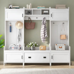 Wide Hall Tree with Storage Bench for Entryway, Bench with 10 Hooks, Coat Rack with Storage Shoe Cubbies and Cabinets, White