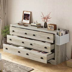 Dresser for Bedroom 6 Drawer with Charging Station, TV Stand Storage Chest of Drawers for Living Room Hallway Entryway,