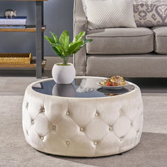 Velvet Ottoman Coffee Table, Upholstered Tufted Center Tables for Living Room, Button Tufted Coffee TableS with Tempered Glass