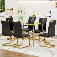 Glass Dining Table Set for 4,5 Piece Dining Table and Chairs Set，Modern Kitchen Dining Room Table with 4 Black PU Leather