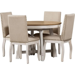 5-Piece Farmhouse Dining Table Set Wood Round Extendable Dining Table and 4 Upholstered Dining Chairs