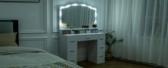 43.3" Vanity Desk with Large Lighted Mirror, 7 Drawers & 10 Lights Bulbs, 3 Lighting Colors, Vanity Table for Women Girls