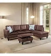 L Shaped Sofa with Ottoman Modern Sectional Living Room,Bedroom,Office,L Couch Brown