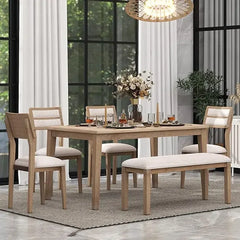 Design a classic and traditional style 6-piece cutlery set, including a dining table, 4 cushioned chairs, and benches