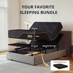 Adjustable Bed Frame ,Queen Size and 14 Inch Queen Charcoal Gel Cooling Memory with Head and Foot Incline, Lifting Bed Frame