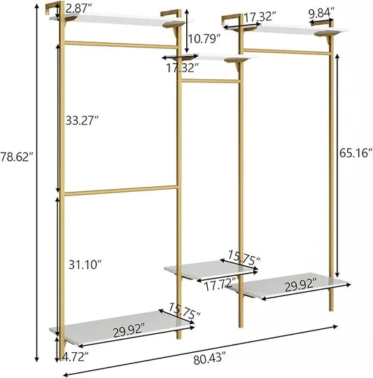 Wall Mount Clothes Rack with 4 Hanging Rods, Clothing Rack with 6-Tier Adjustable Shelves, Closet Storage Organizer System  Kit