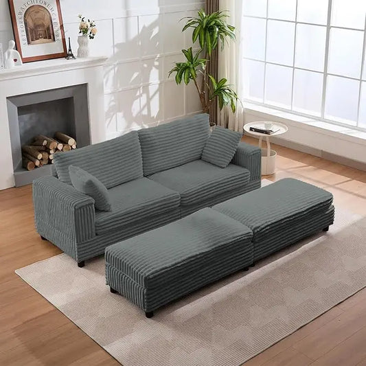 Chaise Lounge Chair Indoor with Ottoman，85 Inch Upholstered Sofa Bed with Throw Pillows and Armrests, Corduroy Comfy Love Seat