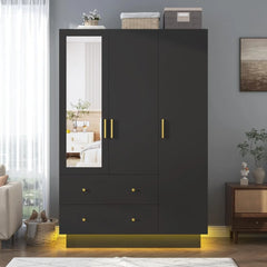 3 Doors Armoire Wardrobe Closet with Mirror, LED Armoire with Doors and Drawers, Wooden Armoire Storage Cabinet with Hanging Rod