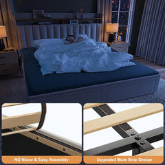 King size bed frame with storage space and headboard, king size bed frame with 2 drawers, noiseless and no need for a spring box