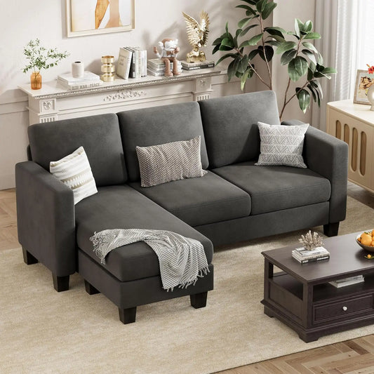 Convertible Sectional Sofa Couch, 3 Seat L-Shaped Sofa with Linen Fabric Ottoman Small Couch for Small Apartments,  Dark Gray