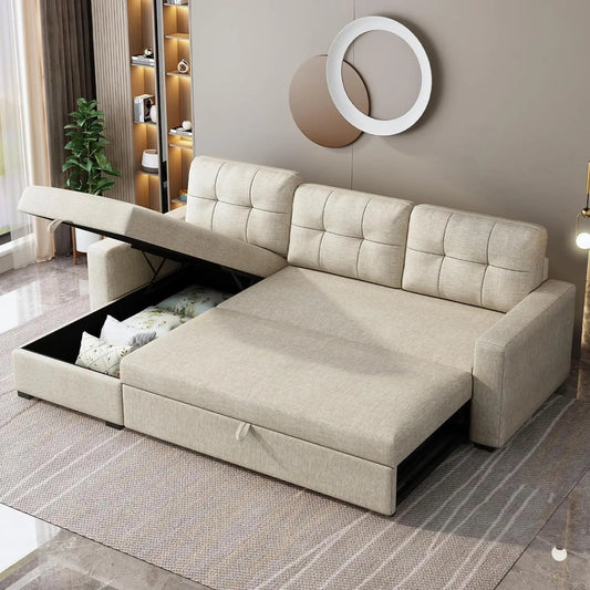 Pull Out Couch with Storage Chaise and Armrests,Convertible Sectional Sleeper Sofa Bed W/Removable Back Cushions