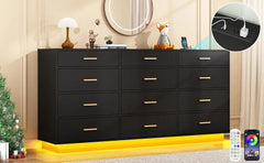 12 Drawers Dresser w/Power Outlet,60000-Colors Lights,63In Long Dresser Chest for Bedroom,Wooden Tall  Storage Cabinet