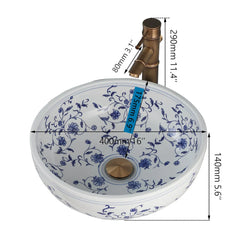 JIENI Circular Blue And White Porcelain Ceramic Basin Set W/ Antique Bamboo Shaped Faucet And Pop Drain Bathroom Sink Lavabo