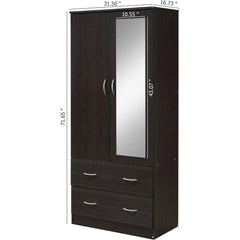 2 Door Wood Wardrobe Bedroom Closet with Clothing Rod inside Cabinet, 2 Drawers for Storage and Mirror, White