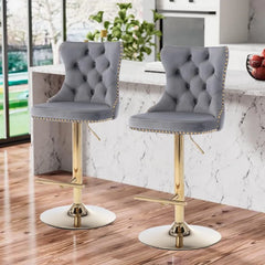 Bar Stools Set of 2,Adjustable Barstools with Back Velvet Tufted Counter Stool Modern Upholstered Bar Chairs with Nailhead