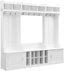 Wide Hall Tree with Storage Bench for Entryway, Bench with 10 Hooks, Coat Rack with Storage Shoe Cubbies and Cabinets, White